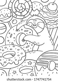 Coloring page with cute Sloth - sweet donut and candy. Monochrome vector illustration with sloth.