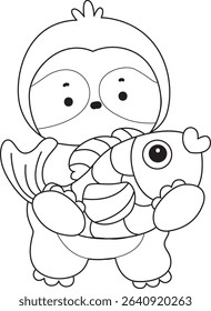 Coloring page of Cute sloth vector icon. Outline of Funny baby sloth animal. outline of sloth bring a gold fish
