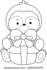 Coloring page of Cute sloth vector icon. Outline of Funny baby sloth animal. outline of animals bring a gift box
