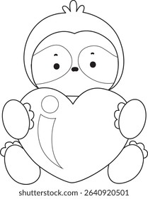 Coloring page of Cute sloth vector icon. Outline of Funny baby sloth animal. outline of sloth bring a love sign
