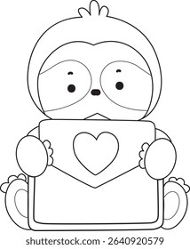Coloring page of Cute sloth vector icon. Outline of Funny baby sloth animal. outline of sloth bring a love letter
