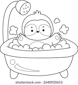 Coloring page of Cute sloth vector icon. Outline of Funny baby sloth animal. outline of animals shower in the bathub
