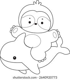 Coloring page of Cute sloth vector icon. Outline of Funny baby sloth animal. outline of animals riding a shark
