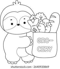 Coloring page of Cute sloth vector icon. Outline of Funny baby sloth animal. outline of sloth bring a grocery bag
