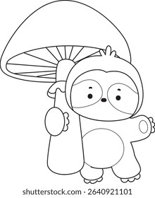 Coloring page of Cute sloth vector icon. Outline of Funny baby sloth animal. outline of sloth bring a mushroom
