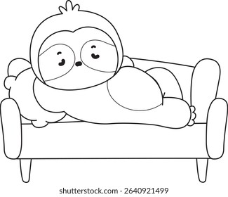 Coloring page of Cute sloth vector icon. Outline of Funny baby sloth animal. outline of sloth laying in the couch
