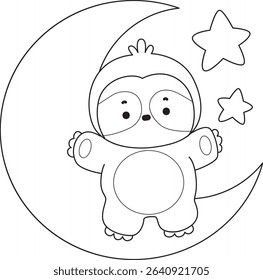 Coloring page of Cute sloth vector icon. Outline of Funny baby sloth animal. outline of sloth stand up in the moon
