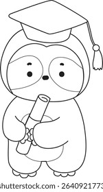 Coloring page of Cute sloth vector icon. Outline of Funny baby sloth animal. outline of sloth was graduation
