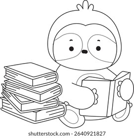 Coloring page of Cute sloth vector icon. Outline of Funny baby sloth animal. outline of sloth reading a book
