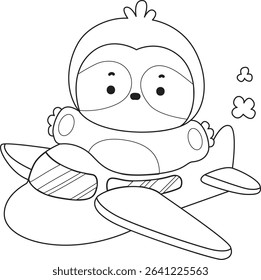 Coloring page of Cute sloth vector icon. Outline of Funny baby sloth animal. outline of sloth riding a plane
