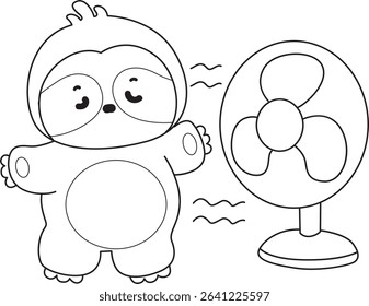 Coloring page of Cute sloth vector icon. Outline of Funny baby sloth animal. outline of sloth feel the air from the fan
