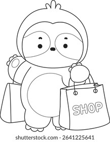 Coloring page of Cute sloth vector icon. Outline of Funny baby sloth animal. outline of sloth bring a shopping bag
