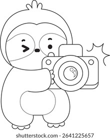 Coloring page of Cute sloth vector icon. Outline of Funny baby sloth animal. outline of sloth click the camera
