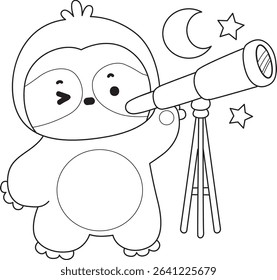 Coloring page of Cute sloth vector icon. Outline of Funny baby sloth animal. outline of sloth see the moon with telescope
