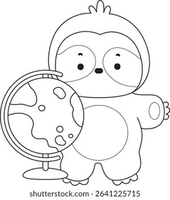 Coloring page of Cute sloth vector icon. Outline of Funny baby sloth animal. outline of sloth bring a globe
