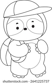 Coloring page of Cute sloth vector icon. Outline of Funny baby sloth animal. outline of sloth want to going to school
