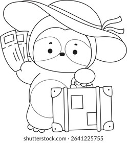 Coloring page of Cute sloth vector icon. Outline of Funny baby sloth animal. outline of sloth bring a Travelling bag

