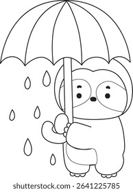 Coloring page of Cute sloth vector icon. Outline of Funny baby sloth animal. outline of sloth bring an umbrella
