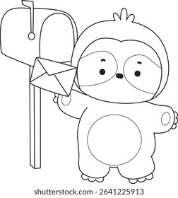 Coloring page of Cute sloth vector icon. Outline of Funny baby sloth animal. outline of sloth sending a message by mail box
