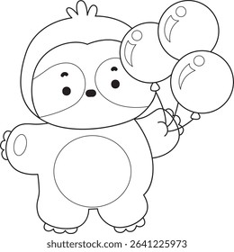 Coloring page of Cute sloth vector icon. Outline of Funny baby sloth animal. outline of sloth bring a three of balloons
