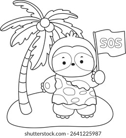 Coloring page of Cute sloth vector icon. Outline of Funny baby sloth animal. outline of sloth wearing ancient costume in the empty island