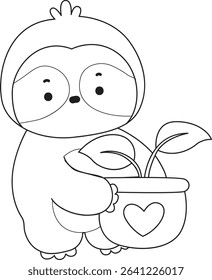 Coloring page of Cute sloth vector icon. Outline of Funny baby sloth animal. outline of sloth bring a leaves in the pot
