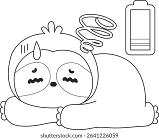 Coloring page of Cute sloth vector icon. Outline of Funny baby sloth animal. outline of sloth was so tired
