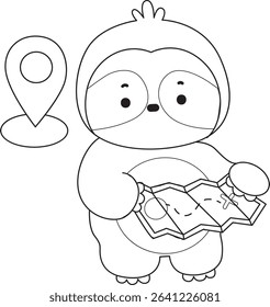Coloring page of Cute sloth vector icon. Outline of Funny baby sloth animal. outline of sloth bring a map