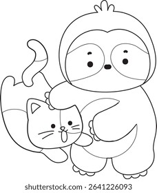 Coloring page of Cute sloth vector icon. Outline of Funny baby sloth animal. outline of sloth playing with kitten

