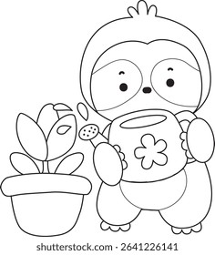 Coloring page of Cute sloth vector icon. Outline of Funny baby sloth animal. outline of sloth watering a tulip flower