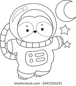 Coloring page of Cute sloth vector icon. Outline of Funny baby sloth animal. outline of sloth wearing an astronaut costume