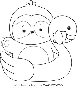 Coloring page of Cute sloth vector icon. Outline of Funny baby sloth animal. outline of sloth stuck in the flamingo tire
