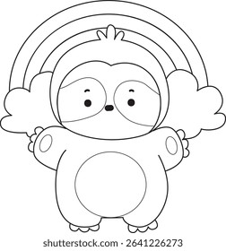 Coloring page of Cute sloth vector icon. Outline of Funny baby sloth animal. outline of sloth in front of the rainbow 
