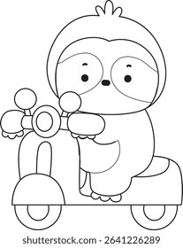 Coloring page of Cute sloth vector icon. Outline of Funny baby sloth animal. outline of sloth riding a scooter