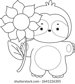 Coloring page of Cute sloth vector icon. Outline of Funny baby sloth animal. outline of sloth bring a sun flower