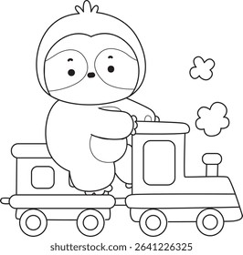 Coloring page of Cute sloth vector icon. Outline of Funny baby sloth animal. outline of sloth riding a train
