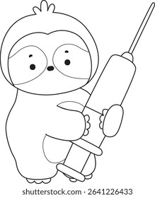 Coloring page of Cute sloth vector icon. Outline of Funny baby sloth animal. outline of sloth bring a syringe
