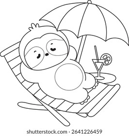 Coloring page of Cute sloth vector icon. Outline of Funny baby sloth animal. outline of sloth laying in the beach