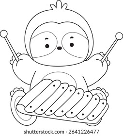 Coloring page of Cute sloth vector icon. Outline of Funny baby sloth animal. outline of sloth playing a xylophone