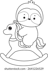 Coloring page of Cute sloth vector icon. Outline of Funny baby sloth animal. outline of sloth riding a Rocky horse