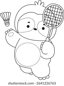 Coloring page of Cute sloth vector icon. Outline of Funny baby sloth animal. outline of sloth playing a badminton
