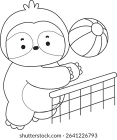 Coloring page of Cute sloth vector icon. Outline of Funny baby sloth animal. outline of sloth playing a volley ball
