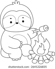 Coloring page of Cute sloth vector icon. Outline of Funny baby sloth animal. outline of sloth roasting a marshmallow in the fire place