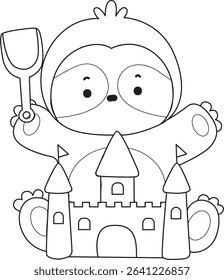 Coloring page of Cute sloth vector icon. Outline of Funny baby sloth animal. outline of sloth playing a sand castle
