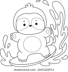Coloring page of Cute sloth vector icon. Outline of Funny baby sloth animal. outline of sloth playing a surfing