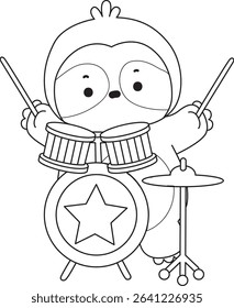 Coloring page of Cute sloth vector icon. Outline of Funny baby sloth animal. outline of sloth playing a drum in the band