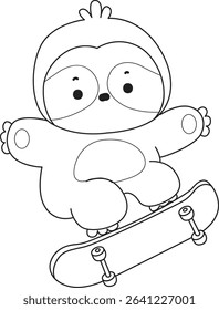 Coloring page of Cute sloth vector icon. Outline of Funny baby sloth animal. outline of sloth playing a skateboard