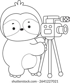 Coloring page of Cute sloth vector icon. Outline of Funny baby sloth animal. outline of sloth making content with camera 