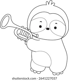 Coloring page of Cute sloth vector icon. Outline of Funny baby sloth animal. outline of sloth playing a trumpet