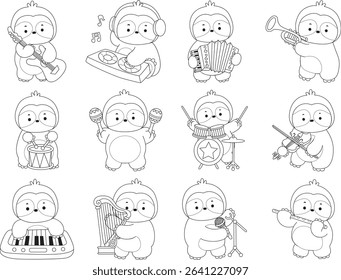 Coloring page of Cute sloth vector icon. Outline of Funny baby sloth animal. outline of sloth in the variation of music and instrument